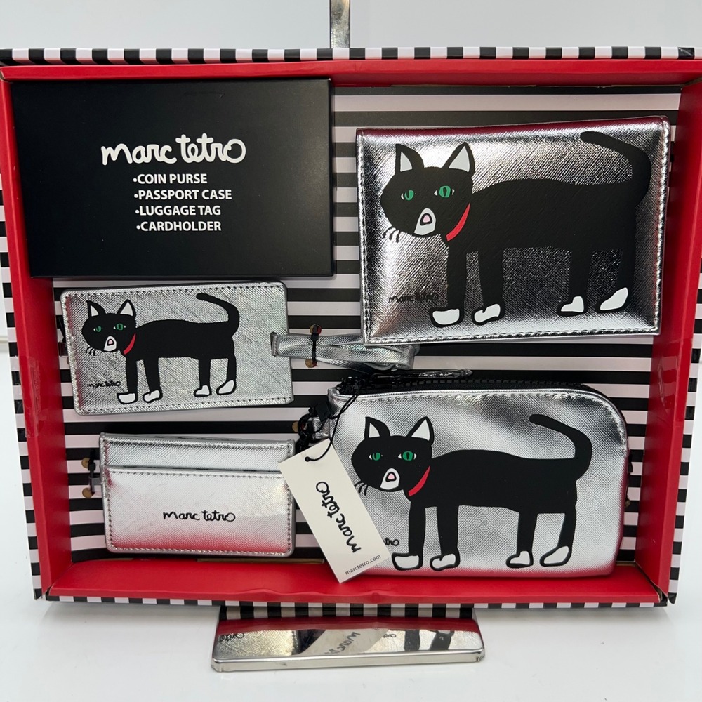Marc Tetro Black Cat Silver 4 Piece Travel Set Coin Passport Cardholder Luggage